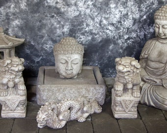 Buddha Head Fountain with Kamakura Buddha and Orinetal Lantern with Chinese Dragon Package Cement Water Feature Concrete Garden Fountain