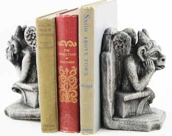 Gargoyle Bookends: Cement Igor Sculpture, Gothic Home Decor