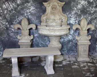 Palermo Wall Fountain with Classic Bases and Fleur de Lis Finials Bench Package Cement Water Feature Concrete Garden Fountain Cast Stone