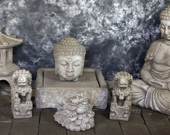 Buddha Head Fountain with Kamakura Buddha and Oriental Lantern with Small Foo Dog Pair Package Cement Water Feature Concrete Garden Fountain