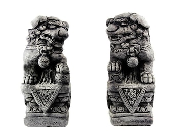 Foo Dog Statue Pair: Hand-Cast Concrete Asian Garden Statuary