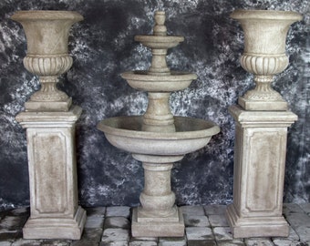 Three Tier Renaissance Fountain with Pompeii Pedestals and Italian Palazzo Urns  Cement Water Feature Concrete Garden Fountain