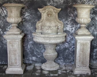 Palermo Wall Fountain with Italian Palazzo Urns on Pompeii Pedestals Package Cement Water Feature Concrete Garden Fountain Art Cast Stone