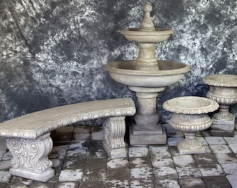 Ravello 2 Tier Fountain w/Classic Urns & Bench Package Cement Water Feature Concrete Garden Fountain Cast Stone European Fountain