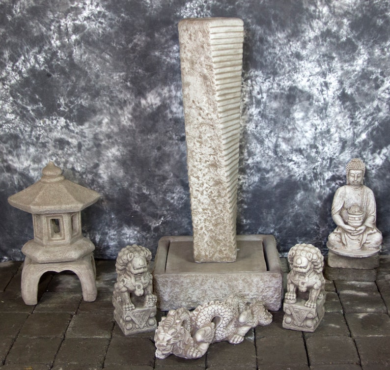 Rustic Twist Fountain with Japanese Pagoda & Dragon with Buddha Lantern Package Cement Water Feature Concrete Garden Fountain Art CastStone image 1