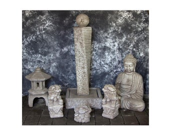 Rustic Twist Sphere Fountain with Foo Dog and Japanese Lantern with Buddha Package Cement Water Feature Concrete Garden Fountain Cast Stone