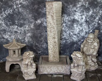 Rustic Twist Fountain with Pagoda and Foo Dog Pair with Traveling Buddha Package  Cement Water Feature Concrete Garden Fountain Cast Stone