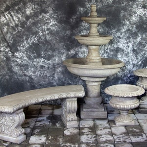 Three Tier Renaissance Fountain w/Classic Urns & Bench Package Cement Water Feature Concrete Garden Fountain Cast Stone European Fountain