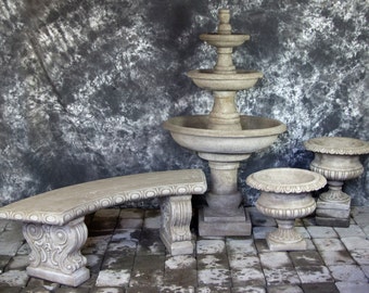 Three Tier Renaissance Fountain w/Classic Urns & Bench Package Cement Water Feature Concrete Garden Fountain Cast Stone European Fountain