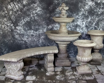 Ravello Two Tier Fountain with Fleur de Lis Finial and Italian Palazzo Urns Package  Cement Water Feature Concrete Garden Fountain Art