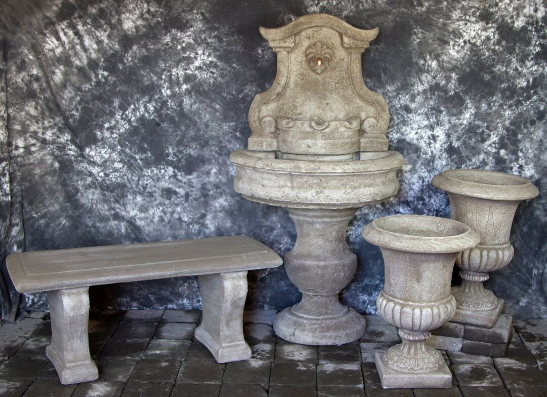 Palermo Wall Fountain With Palazzo Urns and Bench: Concrete Garden ...