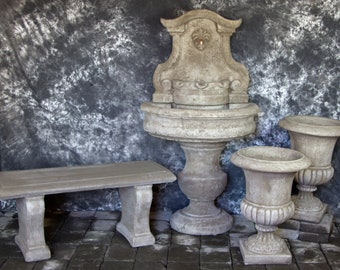 Palermo Wall Fountain with Italian Palazzo Urns and Bench Package  Cement Water Feature Concrete European Garden Fountain Art Cast Stone