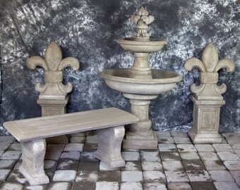 Ravello 2 Tier Fountain FDL Finial w/Fleur de Lis Finials Package Cement Water Feature Concrete Garden Fountain Cast Stone European Fountain