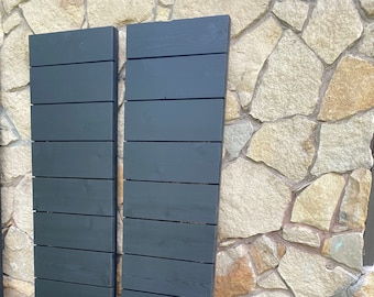 Mid Century, slat shutters, modern shutters, cedar shutters, black shutters, custom shutters, farmhouse shutters, rustic modern shutters