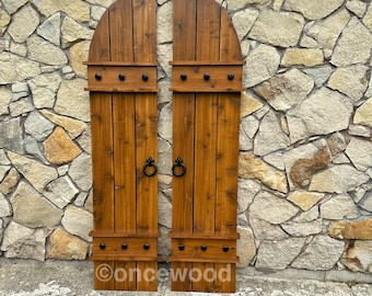 Arched shutters, French Country Style shutters, cedar shutters, rustic shutters, custom shutters, exterior shutters