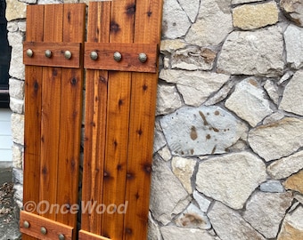 Natural Cedar Stained shutters, exterior shutters, Board and Batten shutters, Rustic Shutters, Wooden Shutters, 68"x 17"
