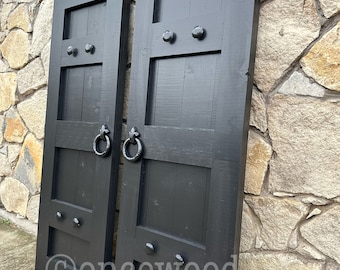 French Craftsman style cedar shutters, contemporary shutters, rustic shutters, exterior shutters, shutters sold by the set