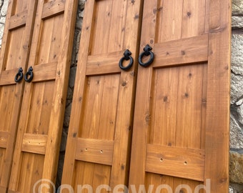 French Craftsman Cedar Shutters, Farmhouse Style, Chateau Stain, exterior shutters, new shutters, cedar shutters, wooden shutters