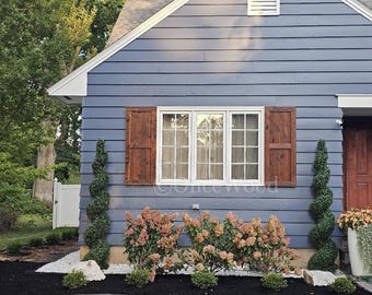 Custom  shutters, cedar shutters, exterior shutters, craftsman style shutters, board and batten, wood shutters, stained shutters