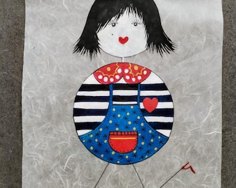 Original handmade wall art. Gouache ink on textured Japanese paper with paraffin wax. Artwork inspired by the world of my character Tomomi.