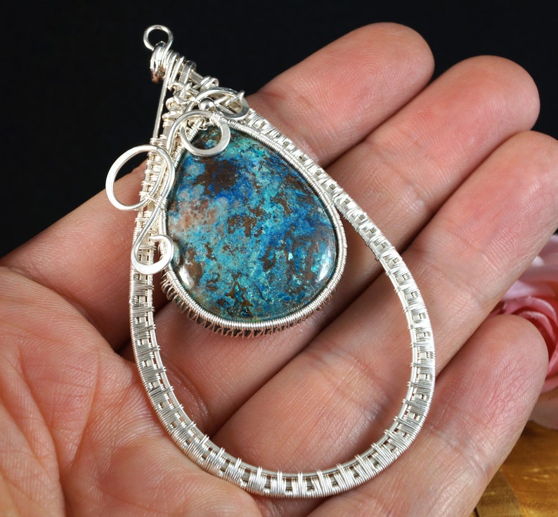 wire wrapped artisan handcrafted jewelry for women Sterling Silver pendant with natural Azurite gift for her gift for mom perfect present