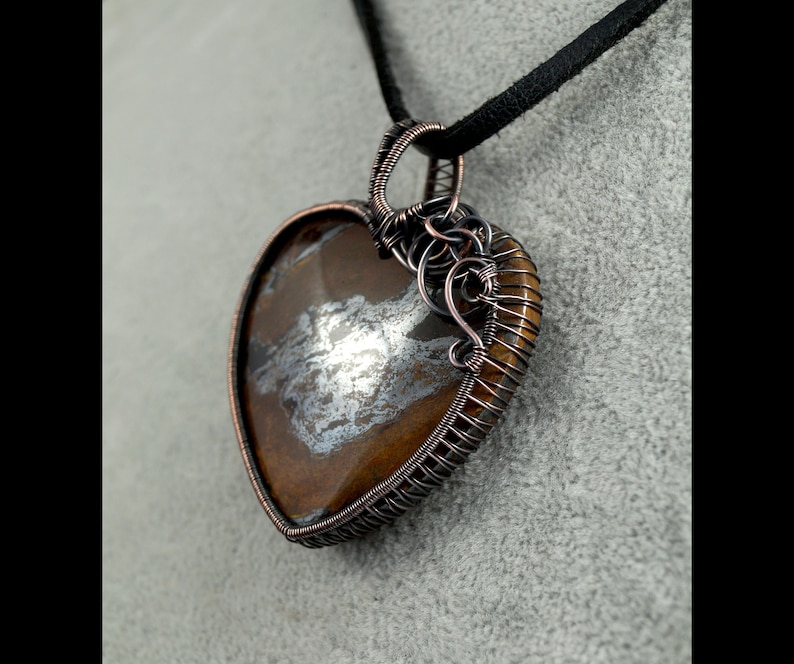 artisan handcrafted Oxidized copper pendant with Iron Tiger/'s Eye gift for her gift for mom perfect present wire wrapped heart handmade