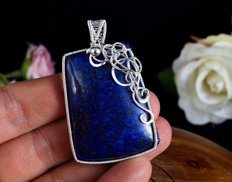 Lapis Lazuli pendant wrapped in Sterling Silver wire gift for her gift for mom perfect present unique artisan handcrafted jewelry for women