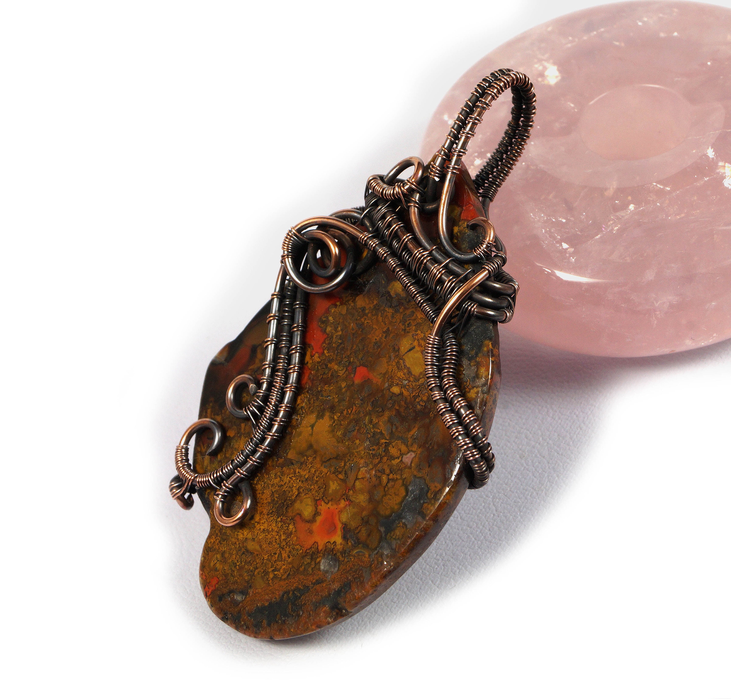 Handmade Jewelry Unique Gemstone Necklace Brown Agate Slice Antique Copper Wire Wrapped Pendant Unisex Gift