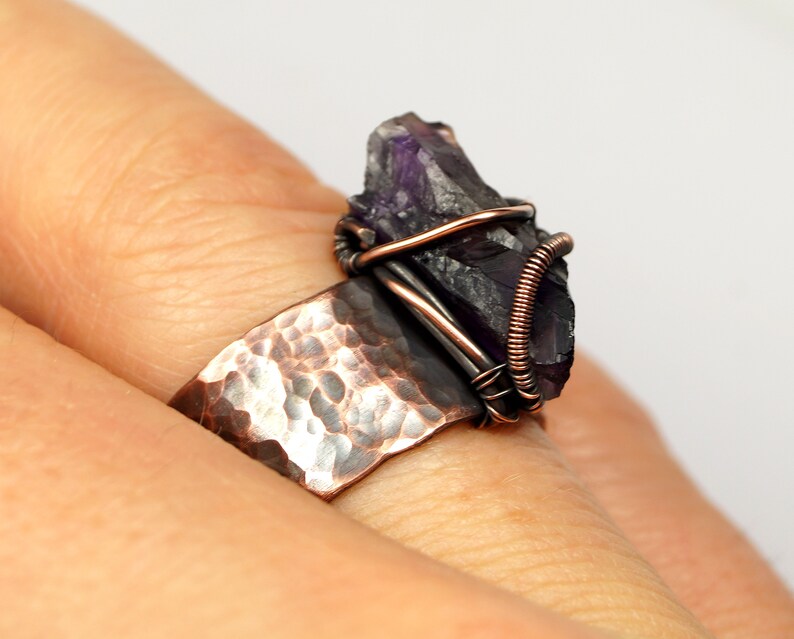 Patinated copper ring with Amethyst gift for her gift for mom perfect present unique artisan handcrafted jewelry wire wrapped gift for him