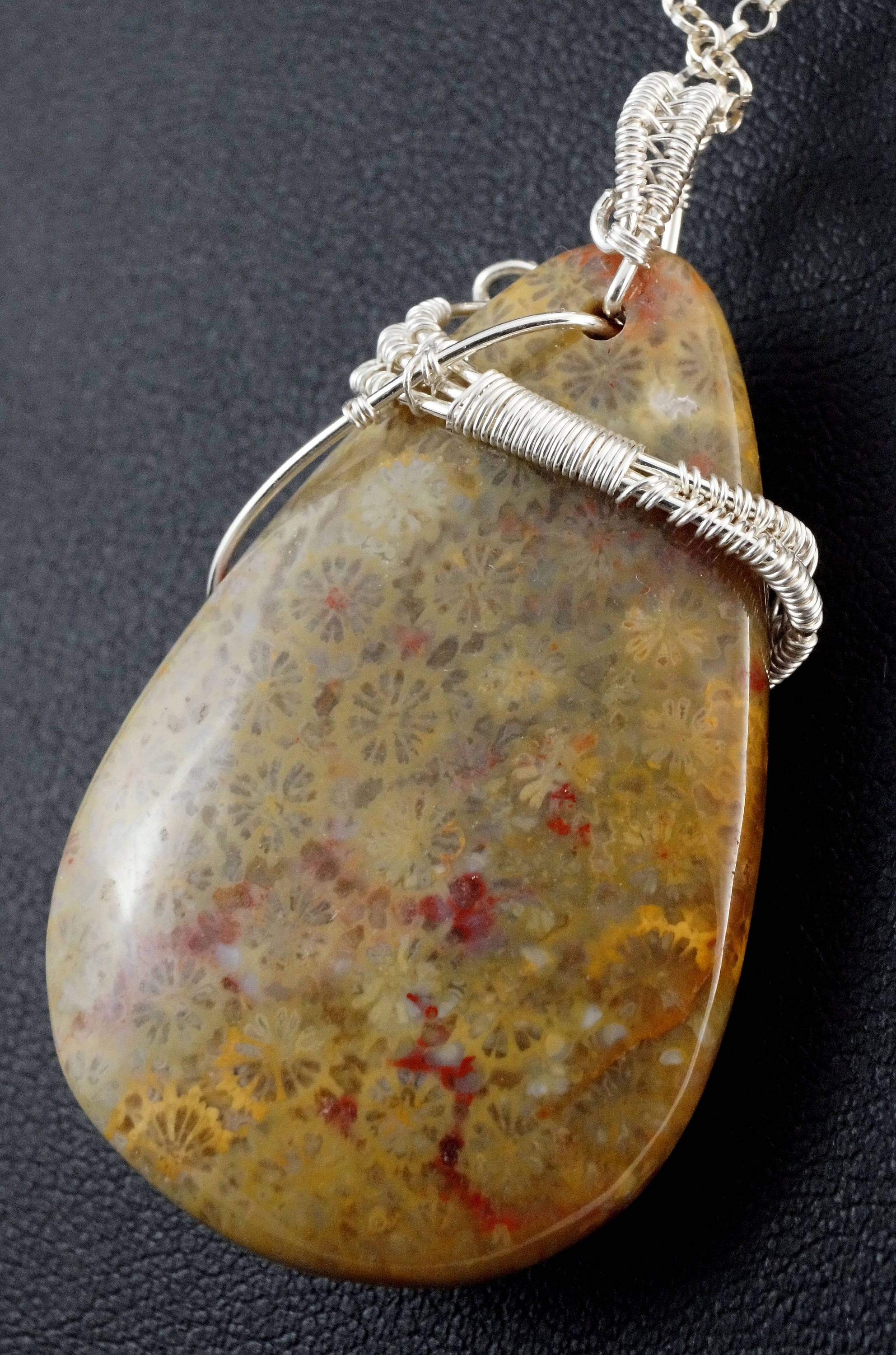 •FOSSILIZED CORAL - LARGE SPEAR TEAR• sterling silver pendant