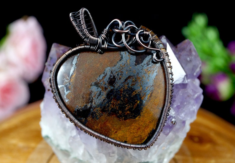 artisan handcrafted Oxidized copper pendant with Iron Tiger/'s Eye gift for her gift for mom perfect present wire wrapped heart handmade