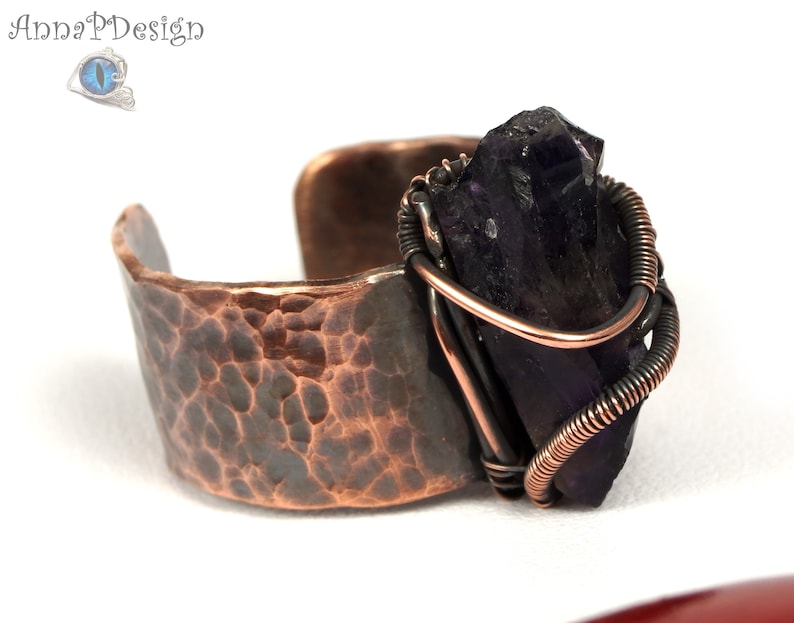 Patinated copper ring with Amethyst gift for her gift for mom perfect present unique artisan handcrafted jewelry wire wrapped gift for him