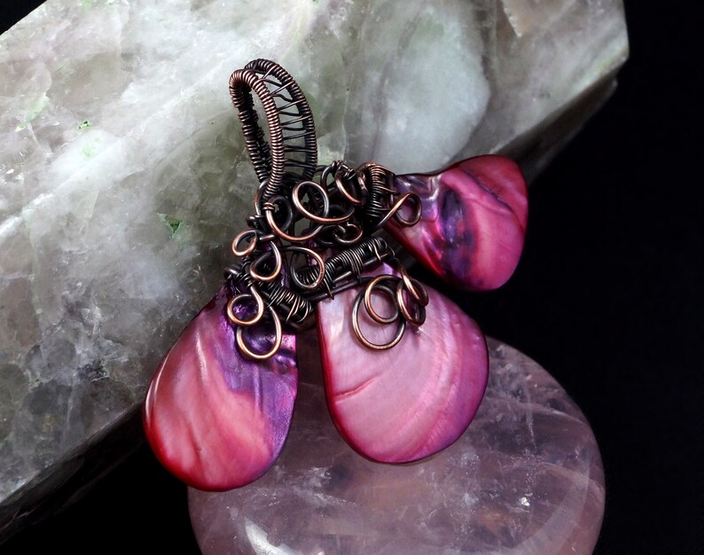 gift for mom present handcrafted handmade Patinated copper necklace with pink Nacre shell gift for her gift for women