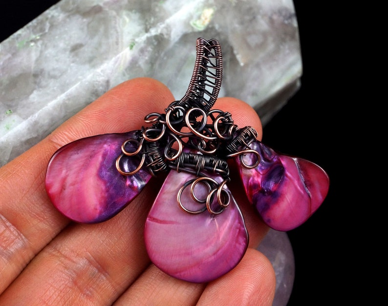 gift for mom present handcrafted handmade Patinated copper necklace with pink Nacre shell gift for her gift for women