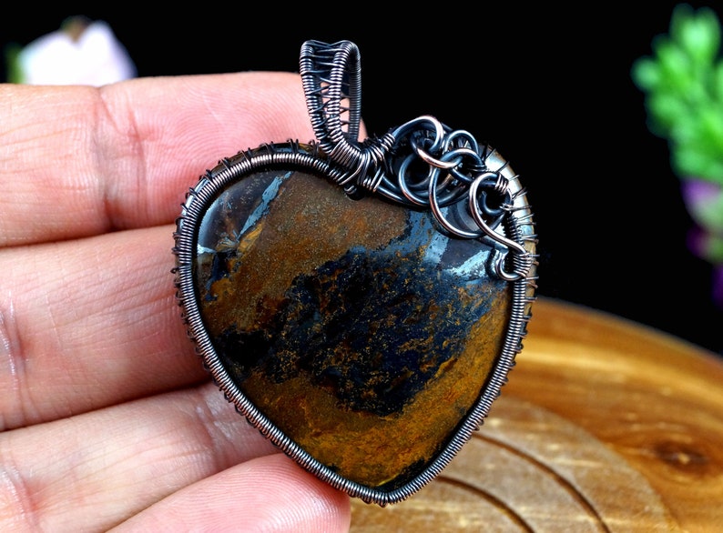artisan handcrafted Oxidized copper pendant with Iron Tiger/'s Eye gift for her gift for mom perfect present wire wrapped heart handmade