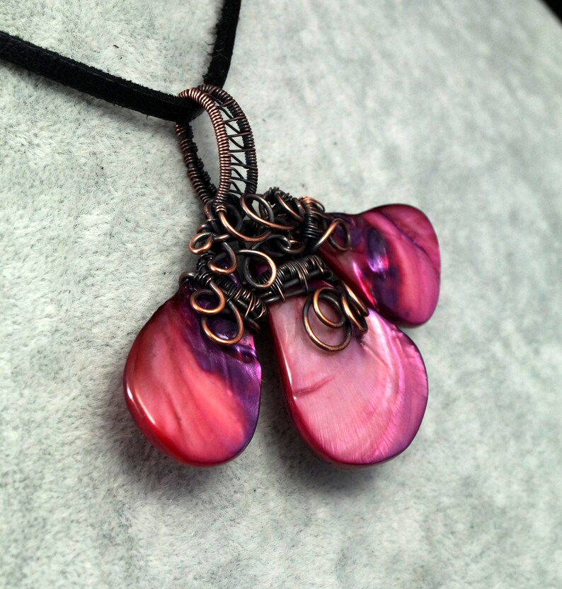 gift for mom present handcrafted handmade Patinated copper necklace with pink Nacre shell gift for her gift for women