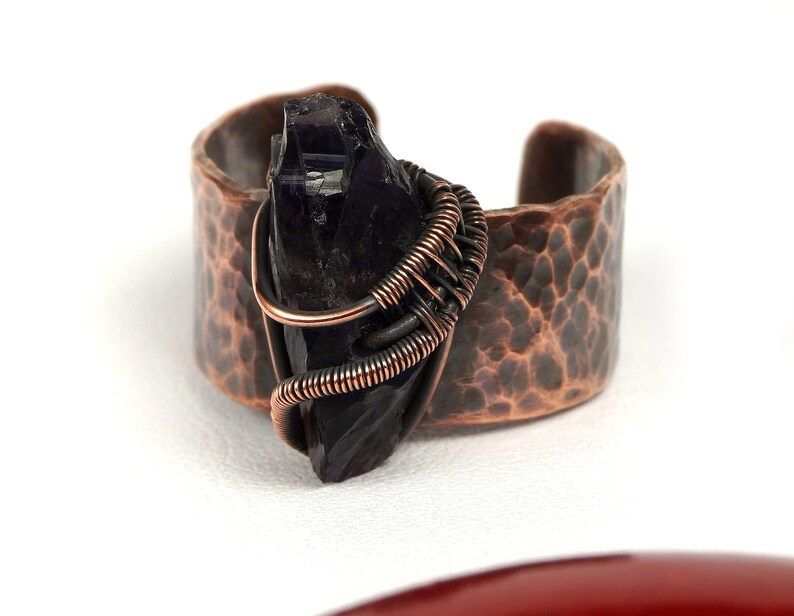 Patinated copper ring with Amethyst gift for her gift for mom perfect present unique artisan handcrafted jewelry wire wrapped gift for him