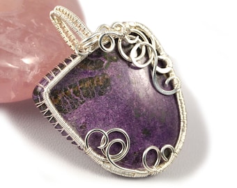 Sterling Silver pendant with Purpurite cab perfect gift for her gift for mom,unique handcrafted artisan wire wrapped jewelry for women