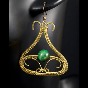 Brass earrings with green tiger&#39;s eye beads gift for her gift for mom gift for women perfect present artisan handcrafted wire wrapped, boho