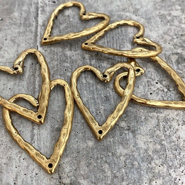Hammered Heart Artisan Connector Pendant, Antiqued Gold Charm, GL-6089