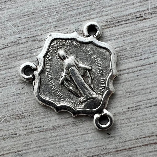 Miraculous Medal Centerpiece, Catholic Religious Rosary Connector, Antiqued Silver, Diamond Shaped Charm, Jewelry Supplies, SL-6256