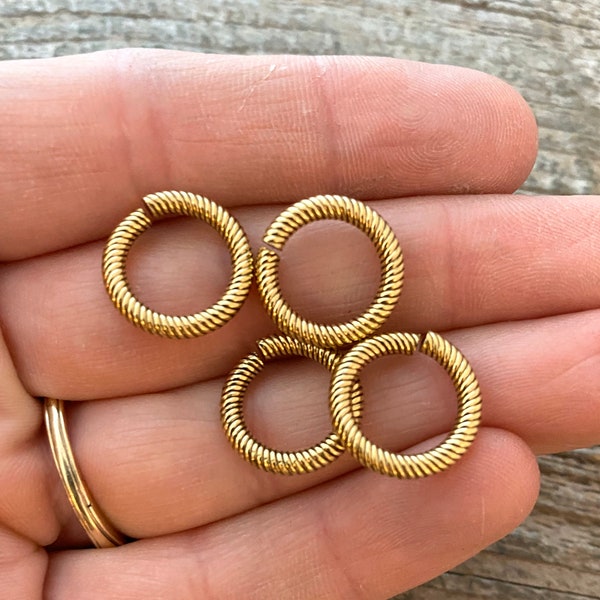 14mm Extra Large Gold Jump Rings, Thick Textured Antiqued Gold Connectors, Brass Links, 4 Rings Jewelry Supply GL-3006