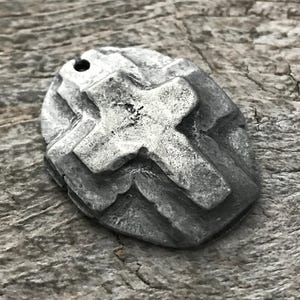 Hammered Artisan Oval Cross Pendant, Antiqued Silver Cross, Leather Pendant, Religious Jewelry, Cross Charm, PW-6080 image 3