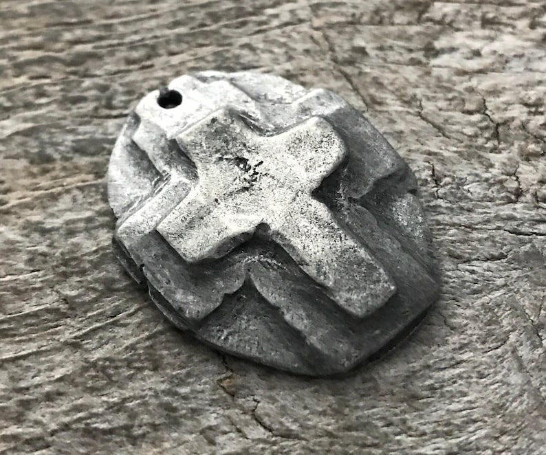Hammered Artisan Oval Cross Pendant, Antiqued Silver Cross, Leather Pendant, Religious Jewelry, Cross Charm, PW-6080 image 3