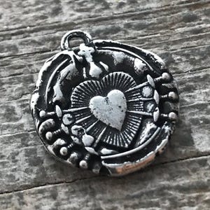 Wax Seal Medal, Catholic Religious Immaculate Heart of Seven 7 Sorrows, Sacred, Oxidized Antiqued Silver Charm, Religious Jewelry, PW-6062