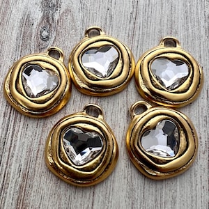 Heart Crystal Rhinestone Charm, Antiqued Gold Artisan Pendant for Jewelry, GL-6430 image 3