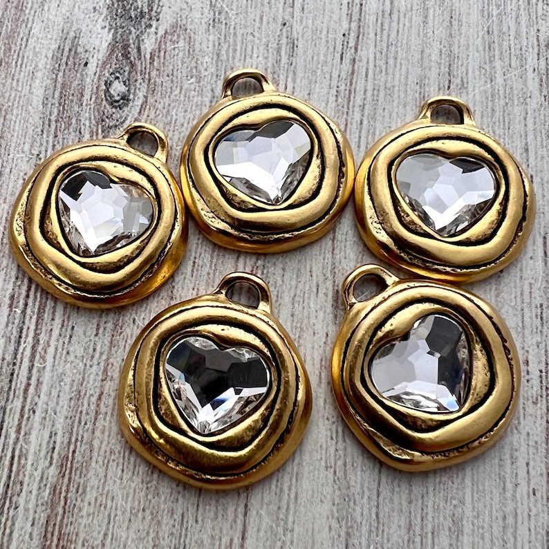Heart Crystal Rhinestone Charm, Antiqued Gold Artisan Pendant for Jewelry, GL-6430 image 3