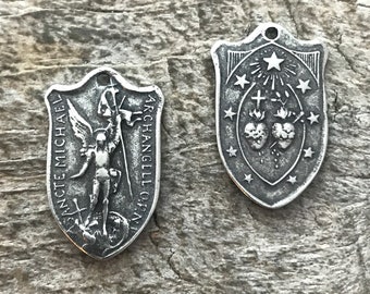 2 St. Michael Medal, Catholic Medal, Antiqued Silver Charm, Archangel Michael Shield, Religious Charm, Protect Us, Jewelry, PW-6186