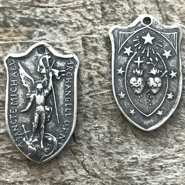 2 St. Michael Medal, Catholic Medal, Antiqued Silver Charm, Archangel Michael Shield, Religious Charm, Protect Us, Jewelry, PW-6186