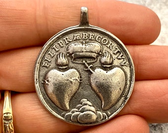 Large Sacred Hearts Medal, St. Anne and Child Mary, Antiqued Silver Pendant, Catholic Christian Religious Jewelry, PW-6100
